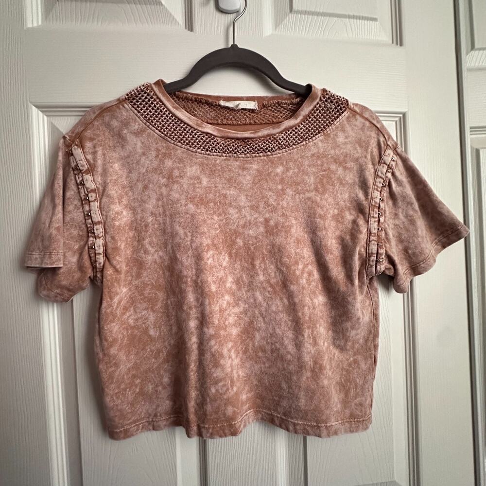 Full Tilt Tillys Brown Mineral Wash Crop Tee Hook & Eye Fishnet Neckline Small